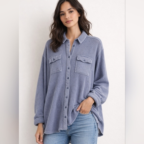 aerie Tops - Aerie LumberJane Waffle Shirt Oversized Relaxed Size S Purple Blue